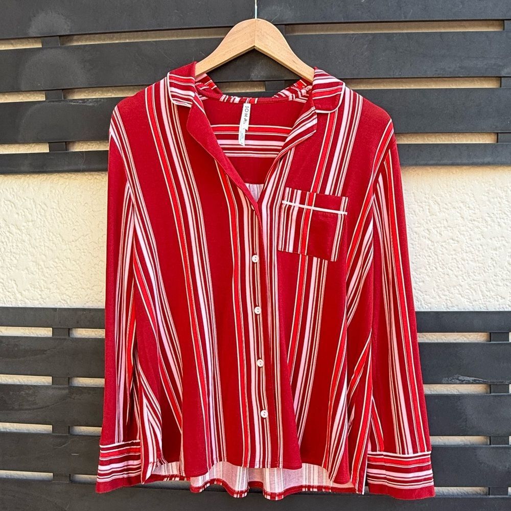 NWT Soma Cool Nights LS Printed Notch Collar Pajama Top Arcadia Stripe Red | Med
